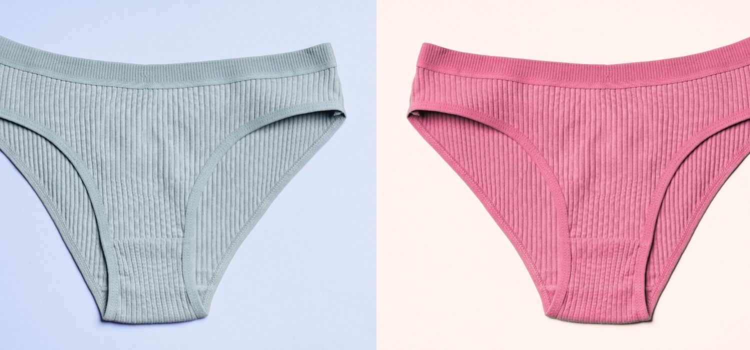 A dual image of two pairs of women's underwear, one grey and one purple, on two different-colored backgrounds, a periwinkle one and a yellow one, respectively.