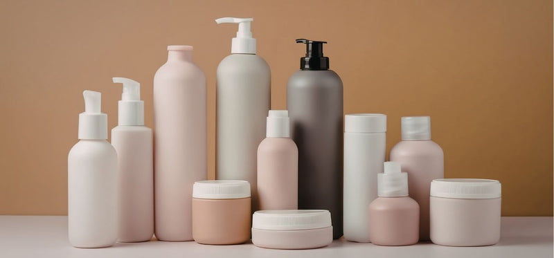 Collection of unlabeled skincare and personal care bottles and jars in neutral tones against a tan background.