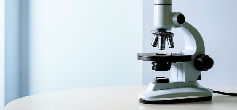 A modern light-blue laboratory microscope sitting on a white table in a bright, clean clinical environment with a soft-focus background.