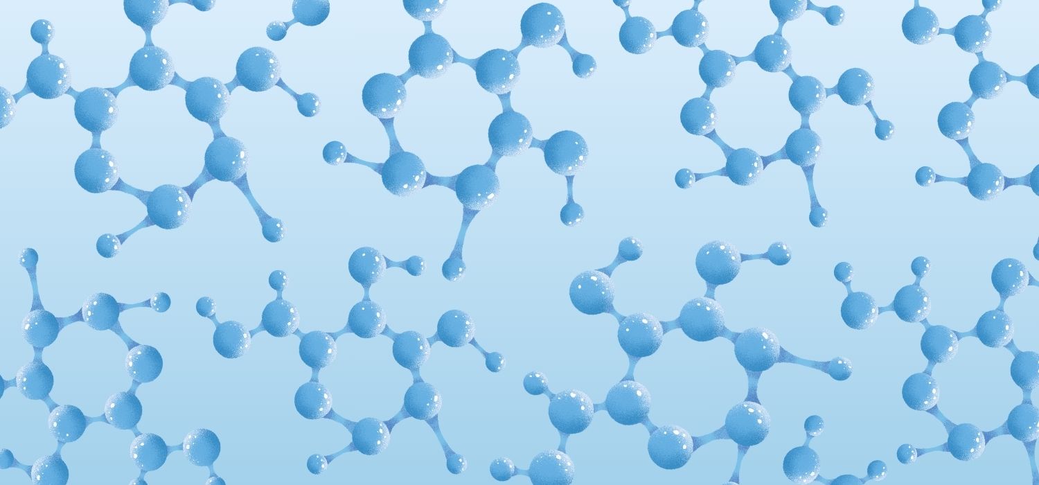 A 3D image of clusters of connected molecules on a light blue background.