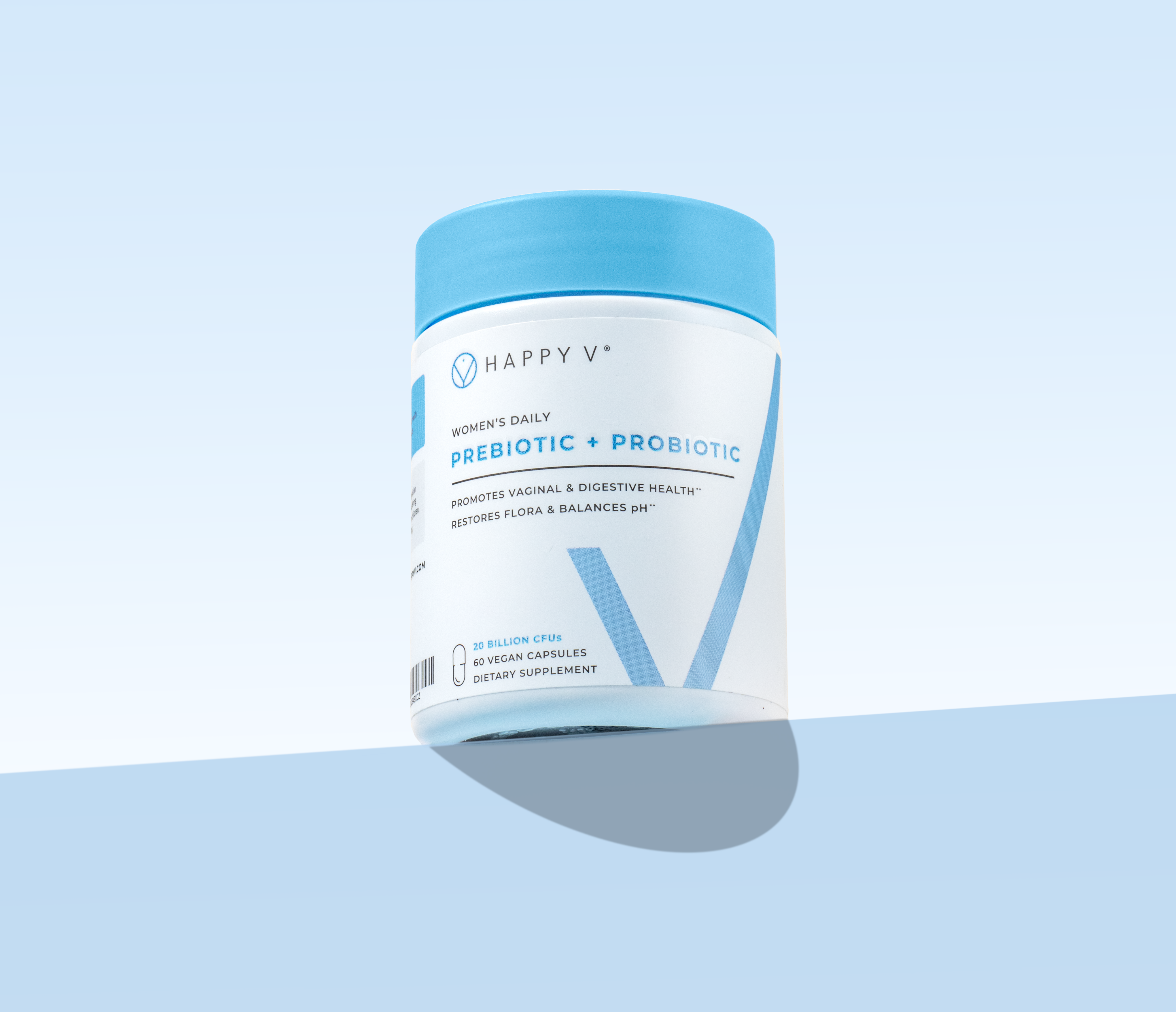 Container of Happy V women's daily prebiotic and probiotic supplement with clean, feminine packaging.