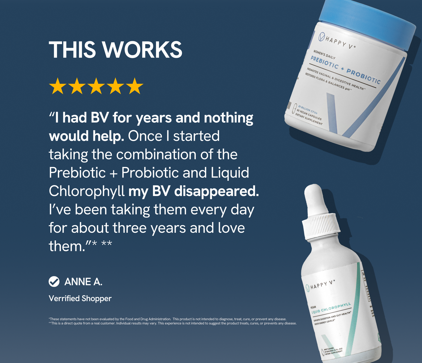 Bottle of Happy V Prebiotic + Probiotic next to a dropper bottle of Liquid Chlorophyll on a blue background.