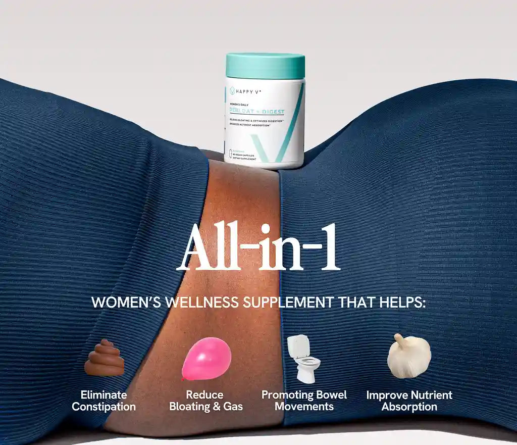 Women's wellness supplement container placed on a torso with a focus on gut health.