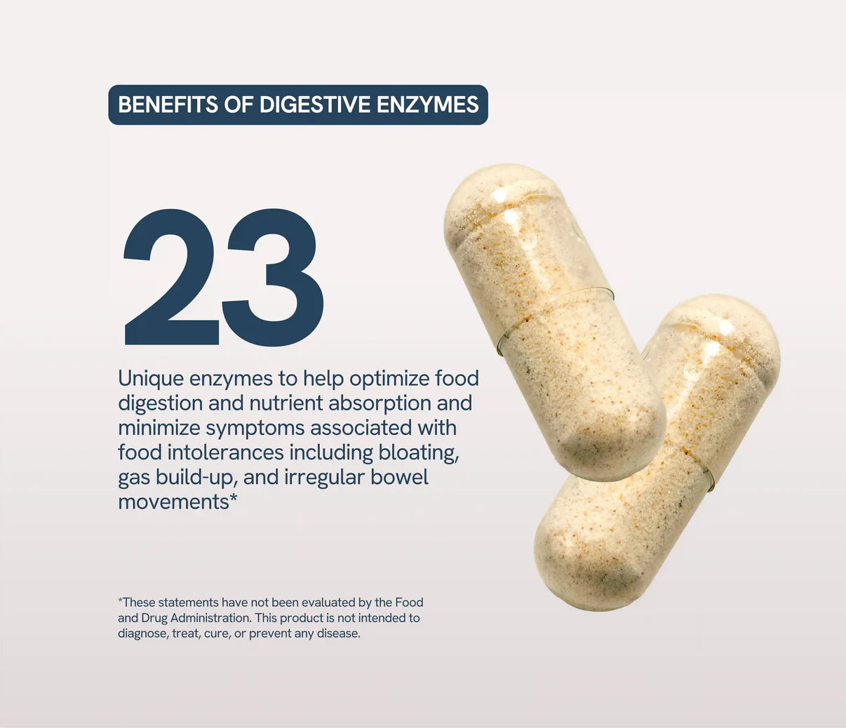 Two digestive enzyme capsules on a light background, highlighting their role in gut health.