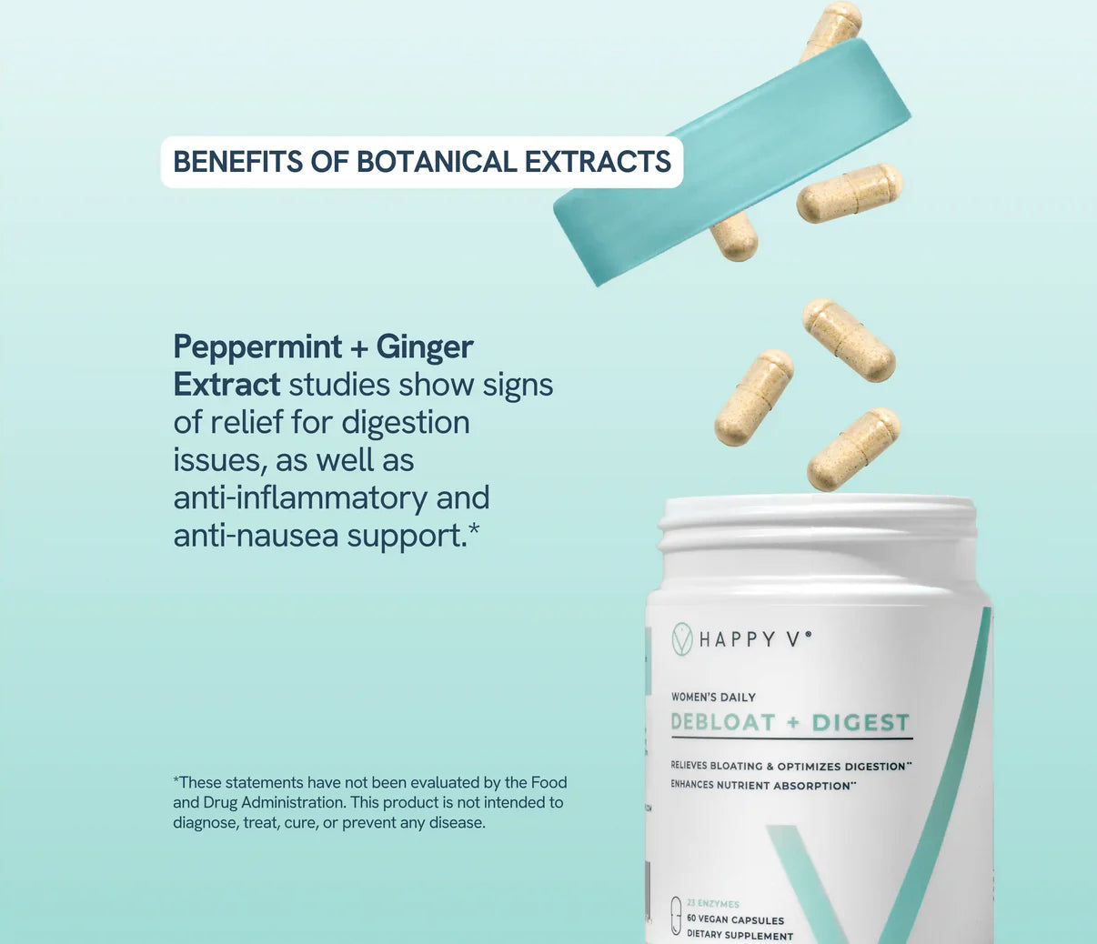 Botanical extract supplements in a bottle with capsules falling, emphasizing digestion support.