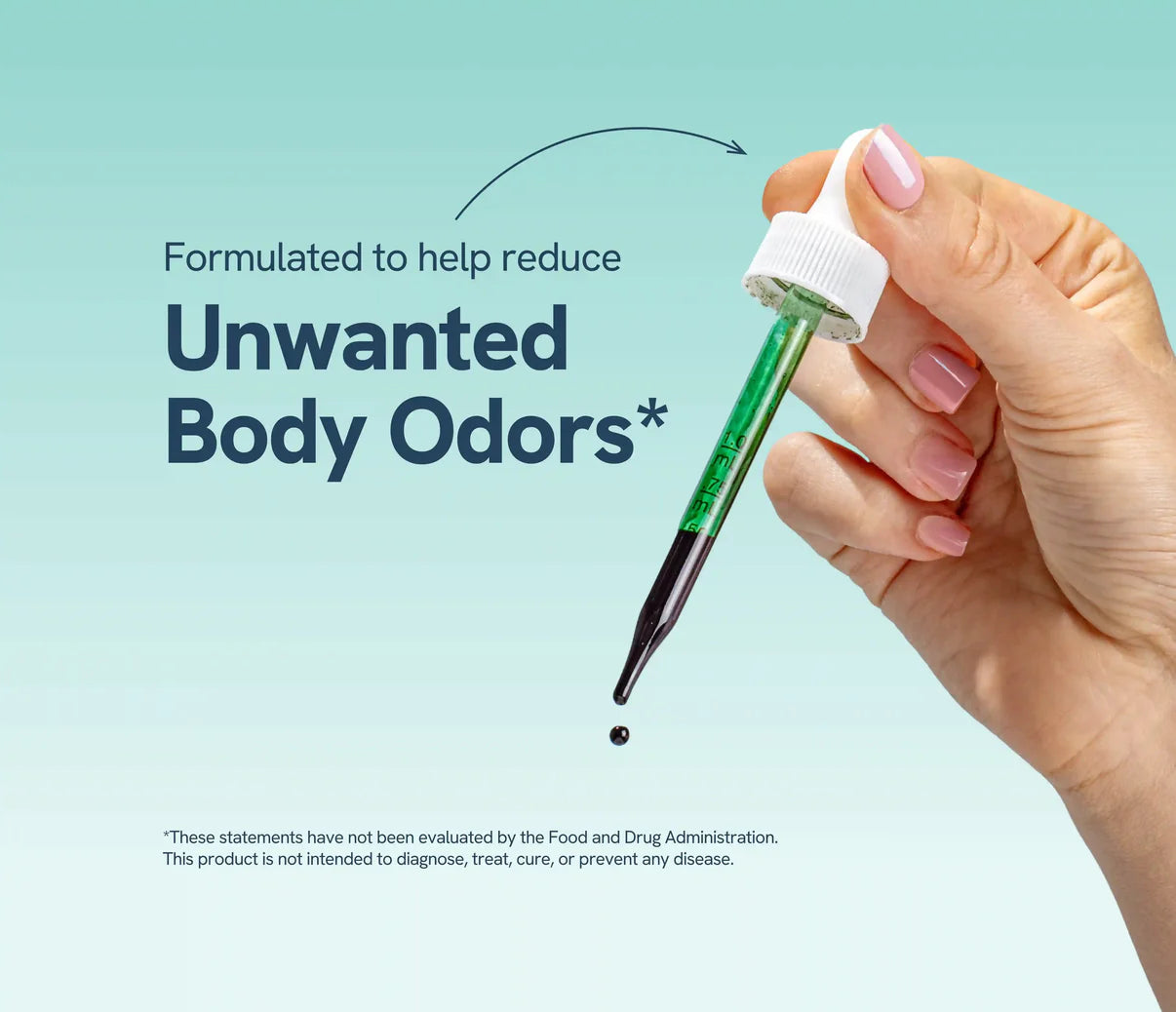 A hand holding a dropper releasing liquid for a supplement to reduce unwanted body odors.