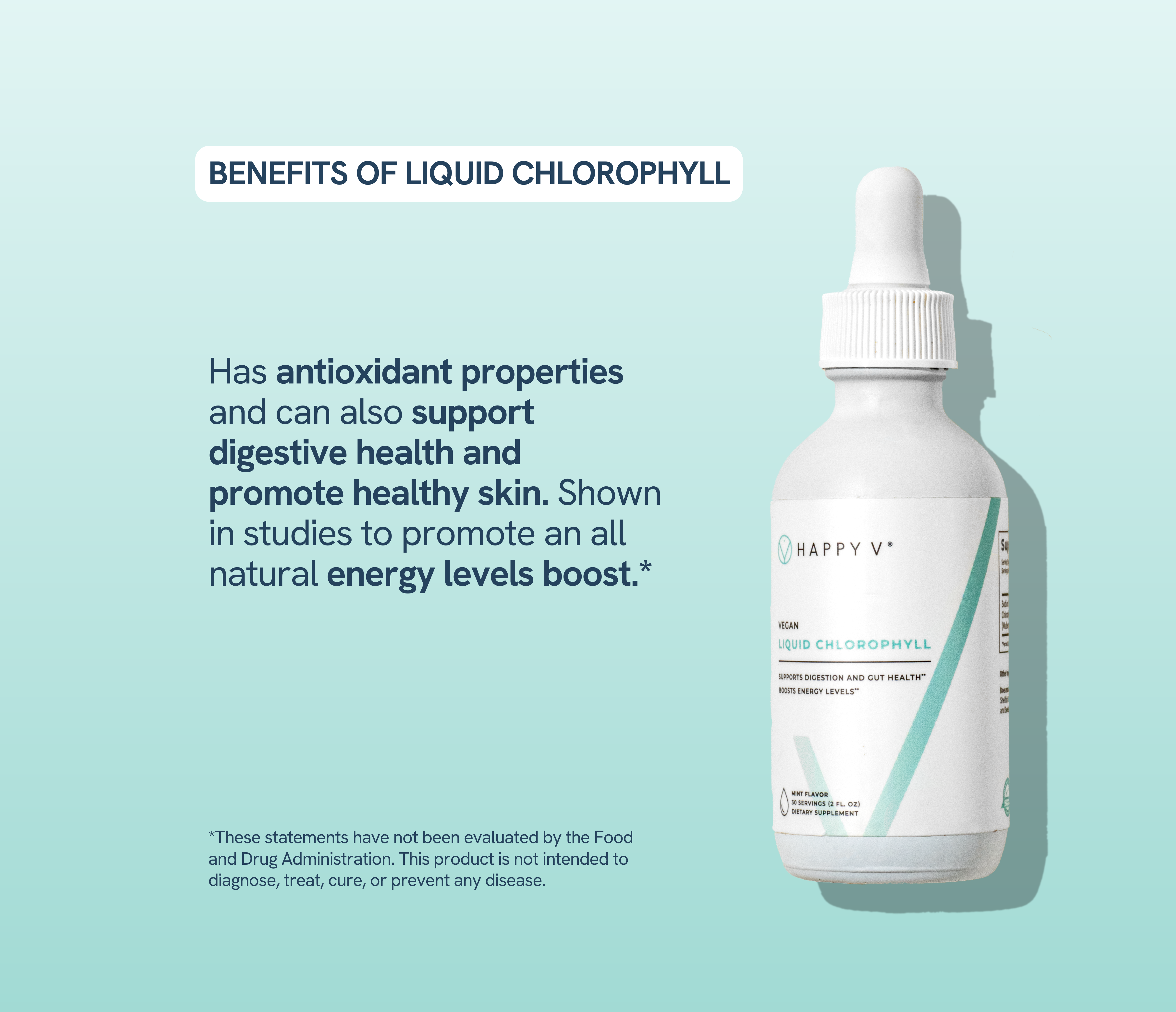 Bottle of Happy V liquid chlorophyll supplement, highlighting wellness benefits on a light background.