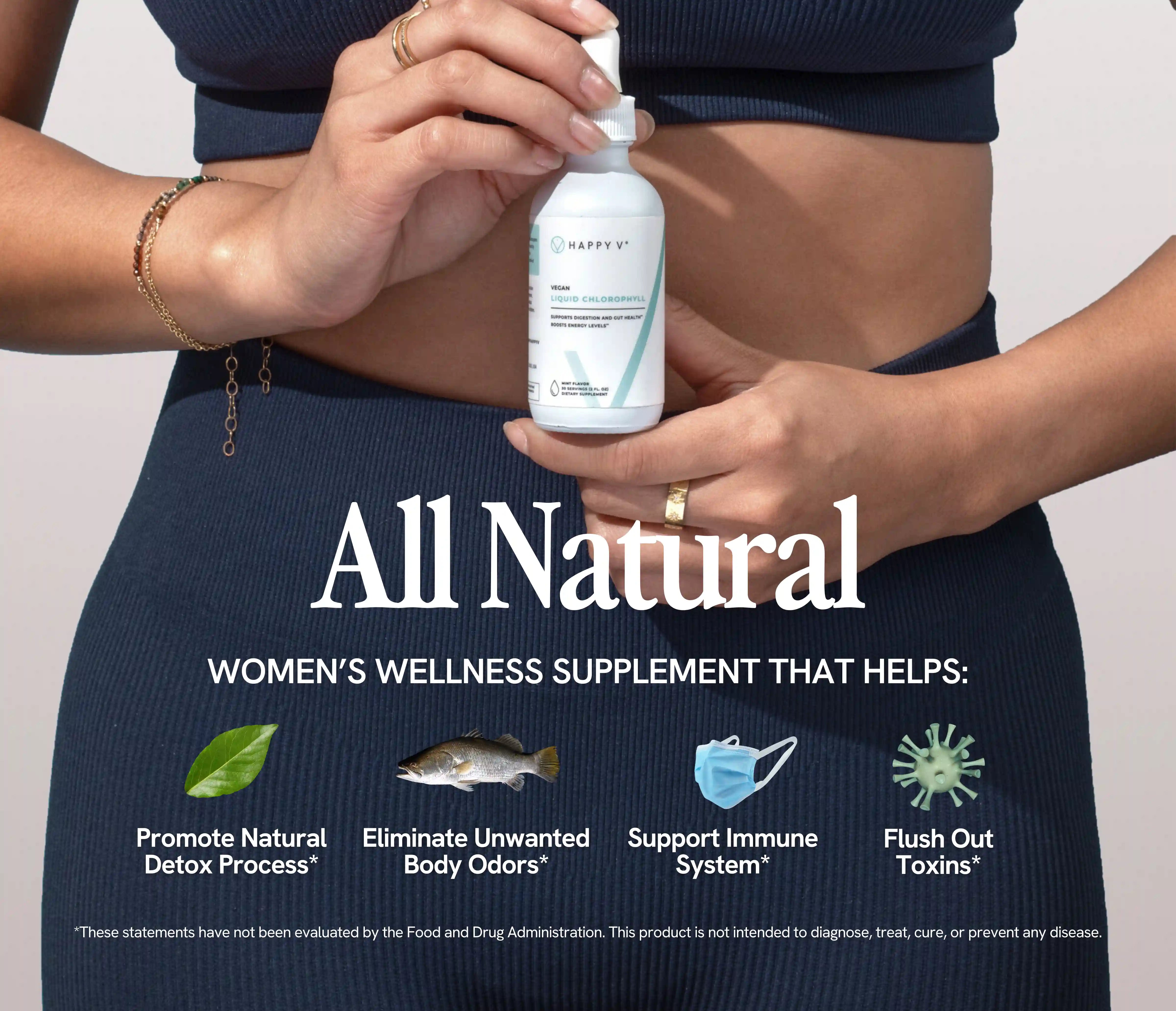 Happy V women's wellness supplement bottle held by a woman in a blue outfit.