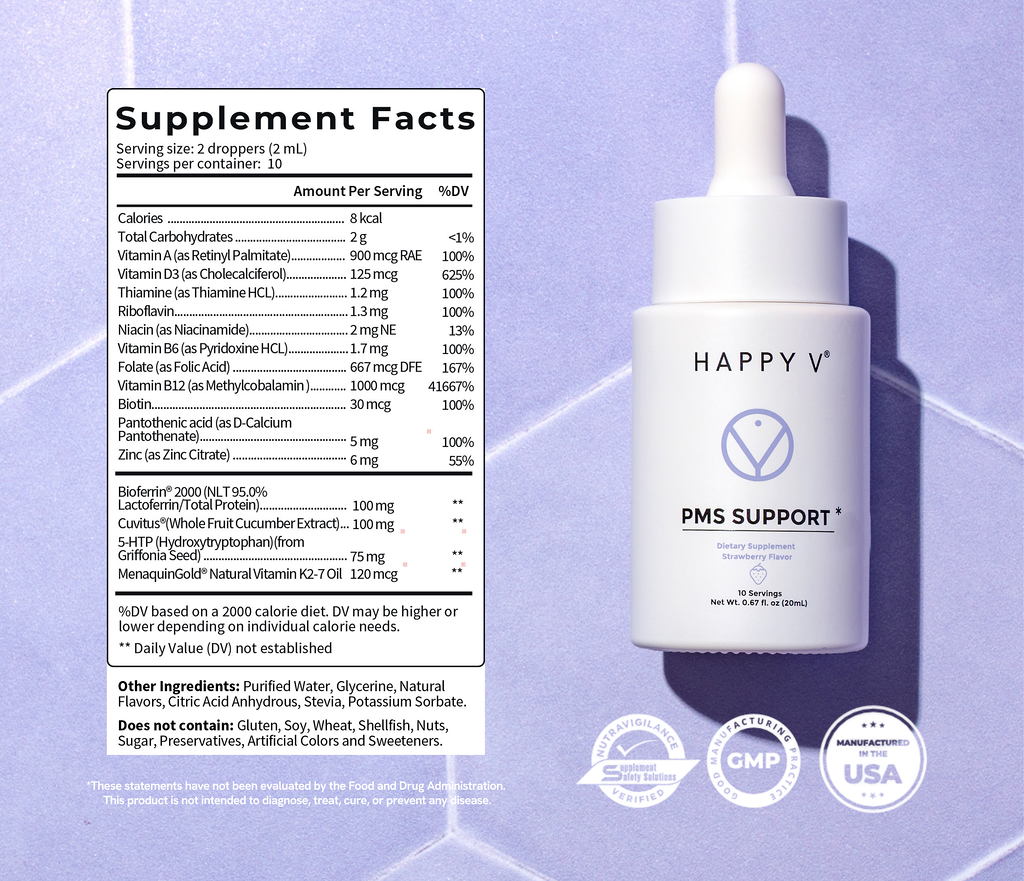 PMS Support supplement bottle with nutritional facts and clean ingredient list on a pale purple background.