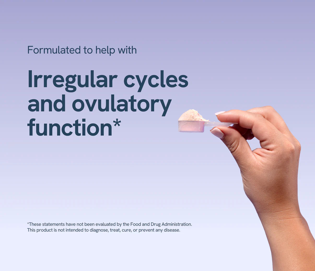 A hand holds a scoop of powder against a gradient background, promoting women's health supplements.