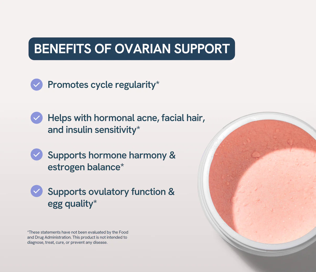 Powder supplement with benefits for ovarian support, shown in a circular container on a light background.