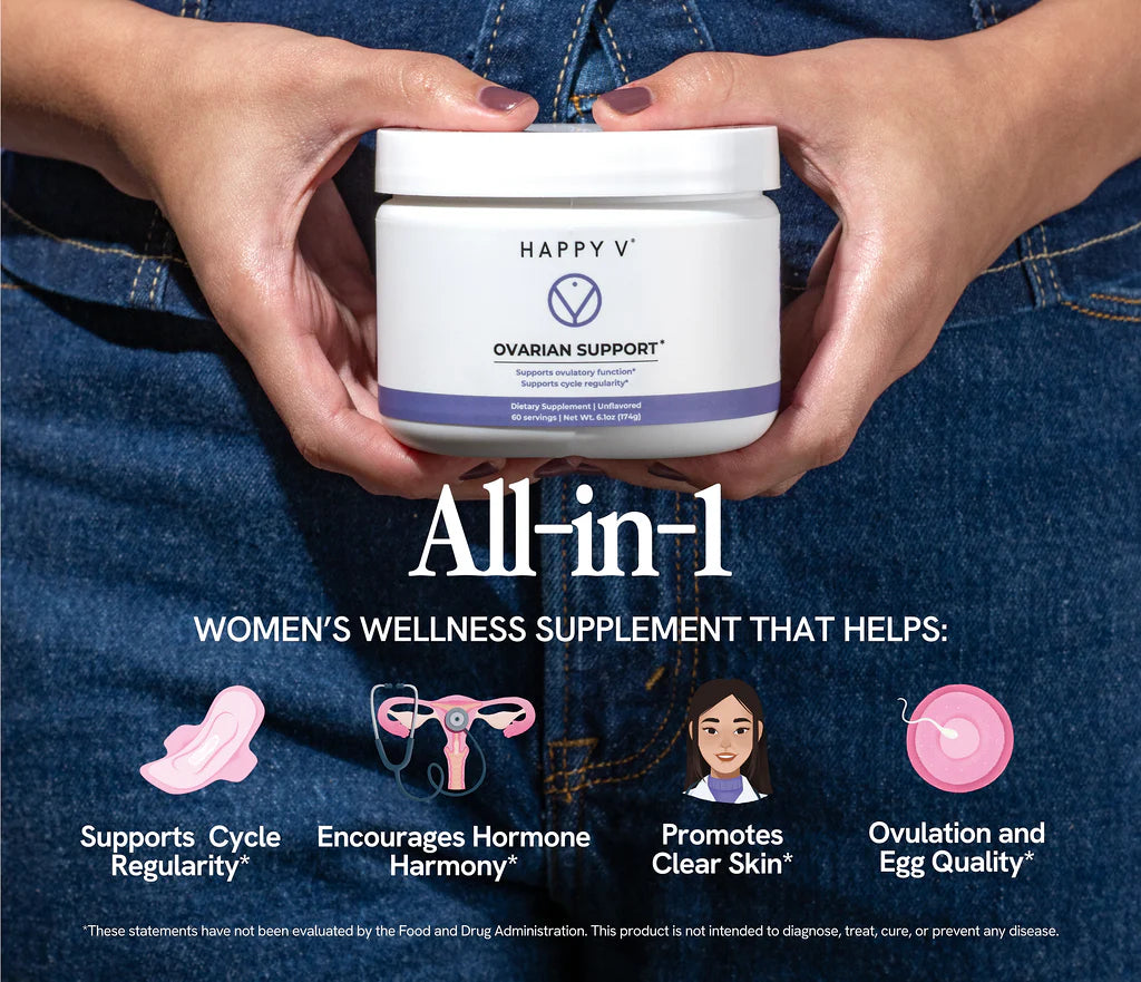 Hands holding a container labeled "Happy V Ovarian Support" for women's wellness supplements.