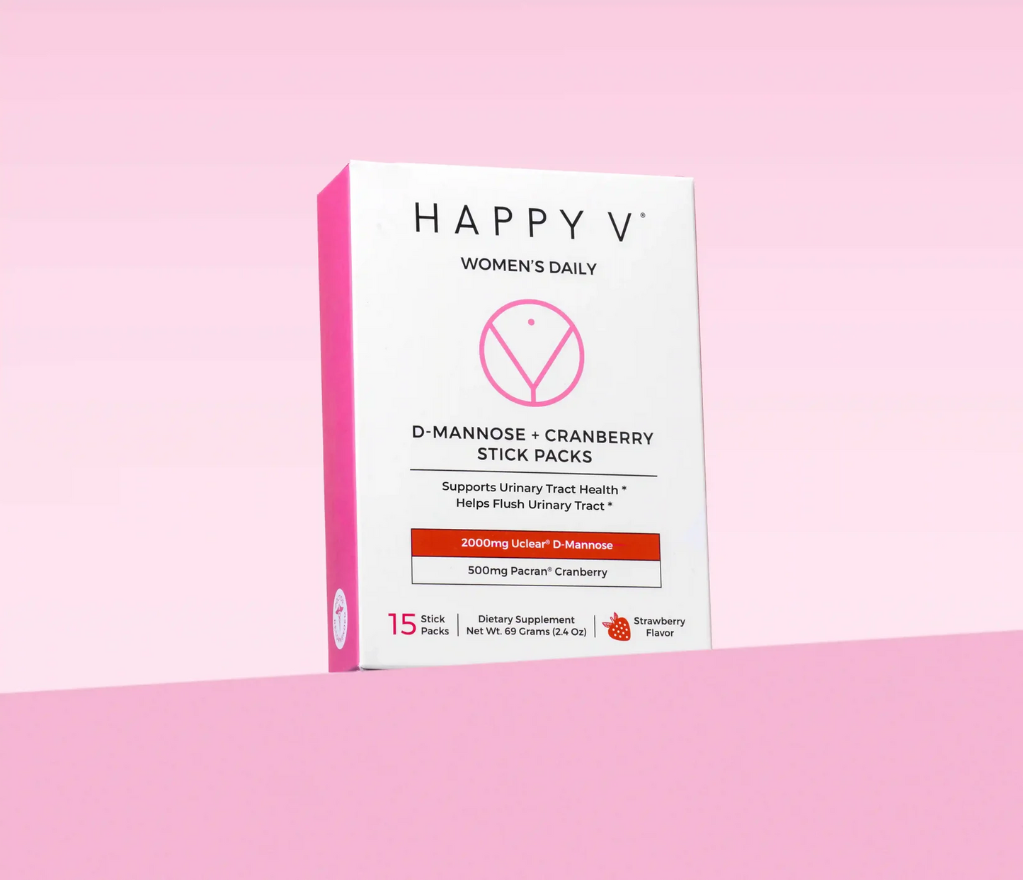 Happy V D-Mannose + Cranberry stick packs for urinary tract health with 15 sticks in a pink box.