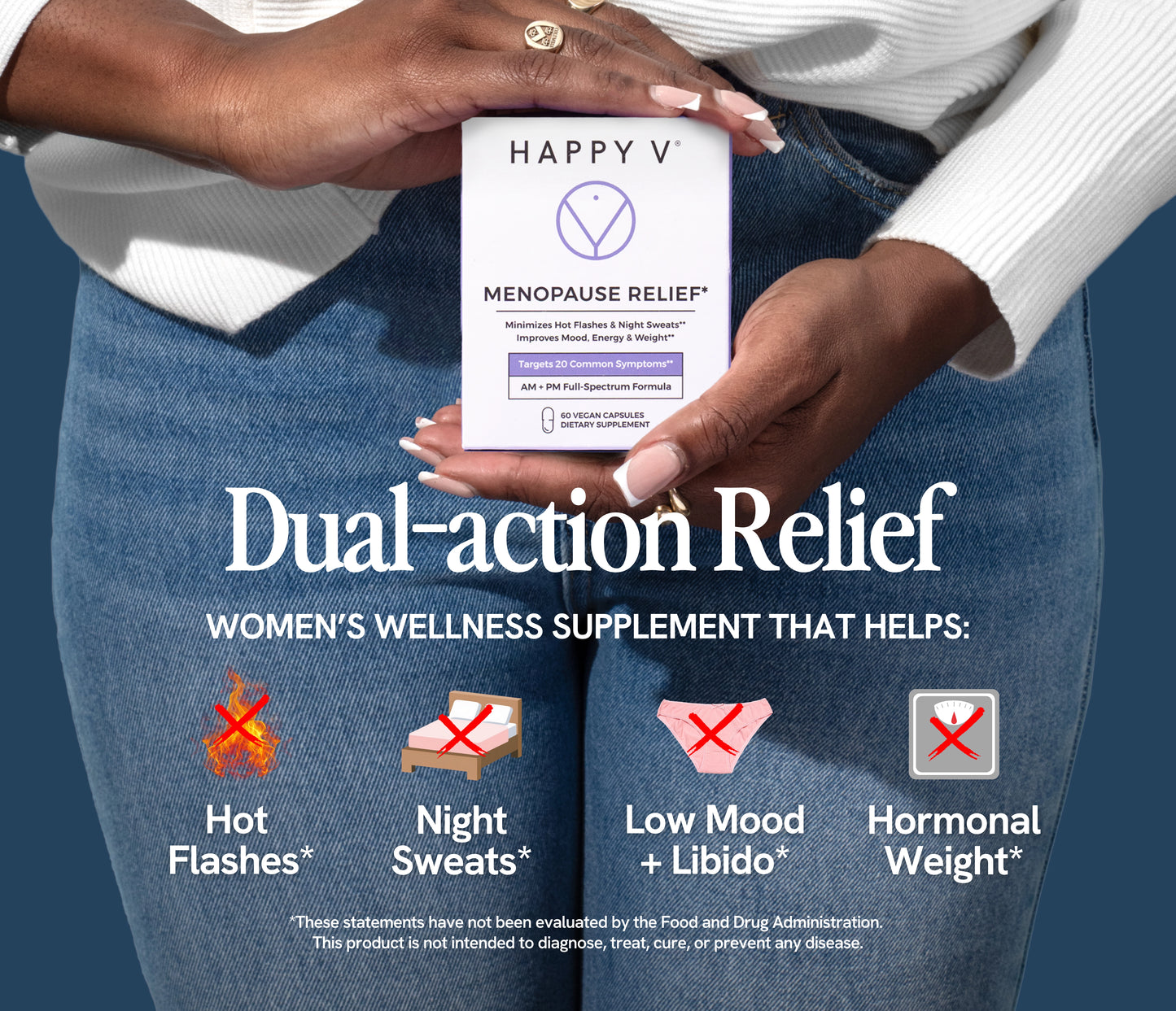Hands holding a box of Happy V Menopause Relief supplement in front of denim-clad legs.