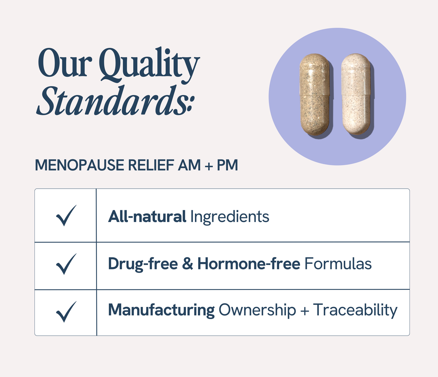 Two capsules, one beige and one light brown, over a light background with quality standards listed.