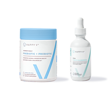 Happy V prebiotic and probiotic bottle next to liquid chlorophyll dropper on transparent background.