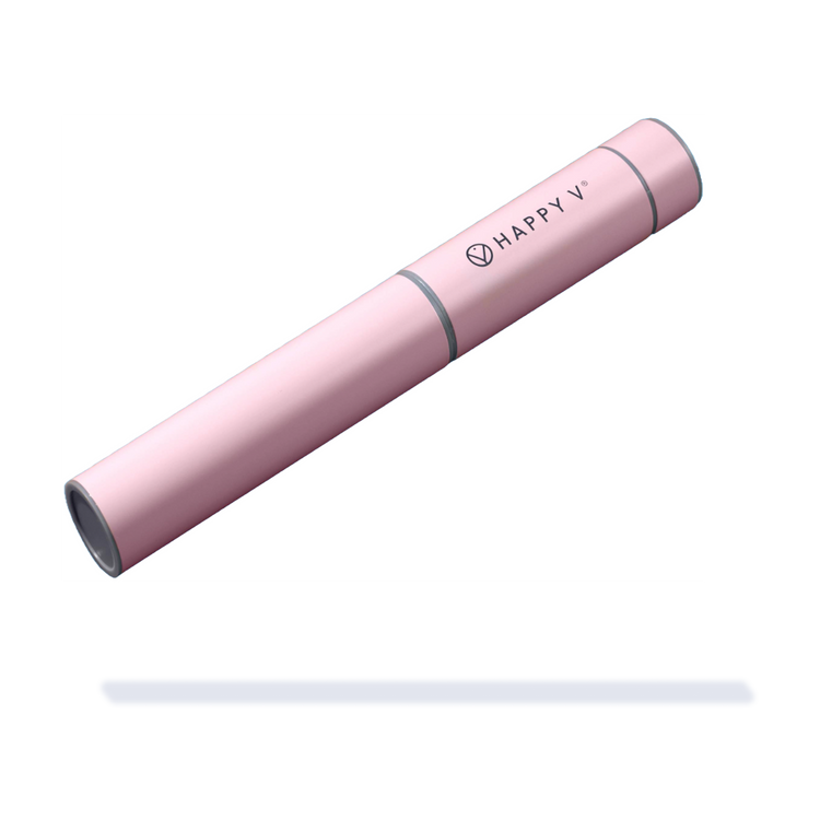 Happy V supplement in sleek pink tube, emphasizing feminine wellness, on transparent backdrop.