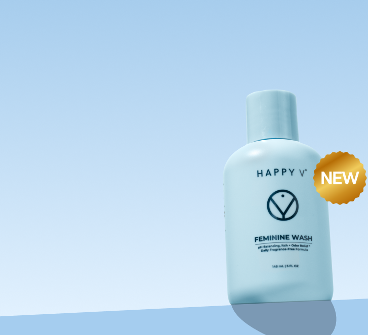Happy V Feminine Wash bottle on light blue background with "NEW" badge.