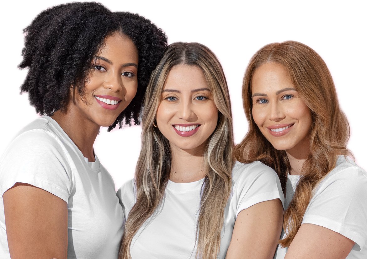 Three women in white T-shirts holding each other in a hug, transparent background