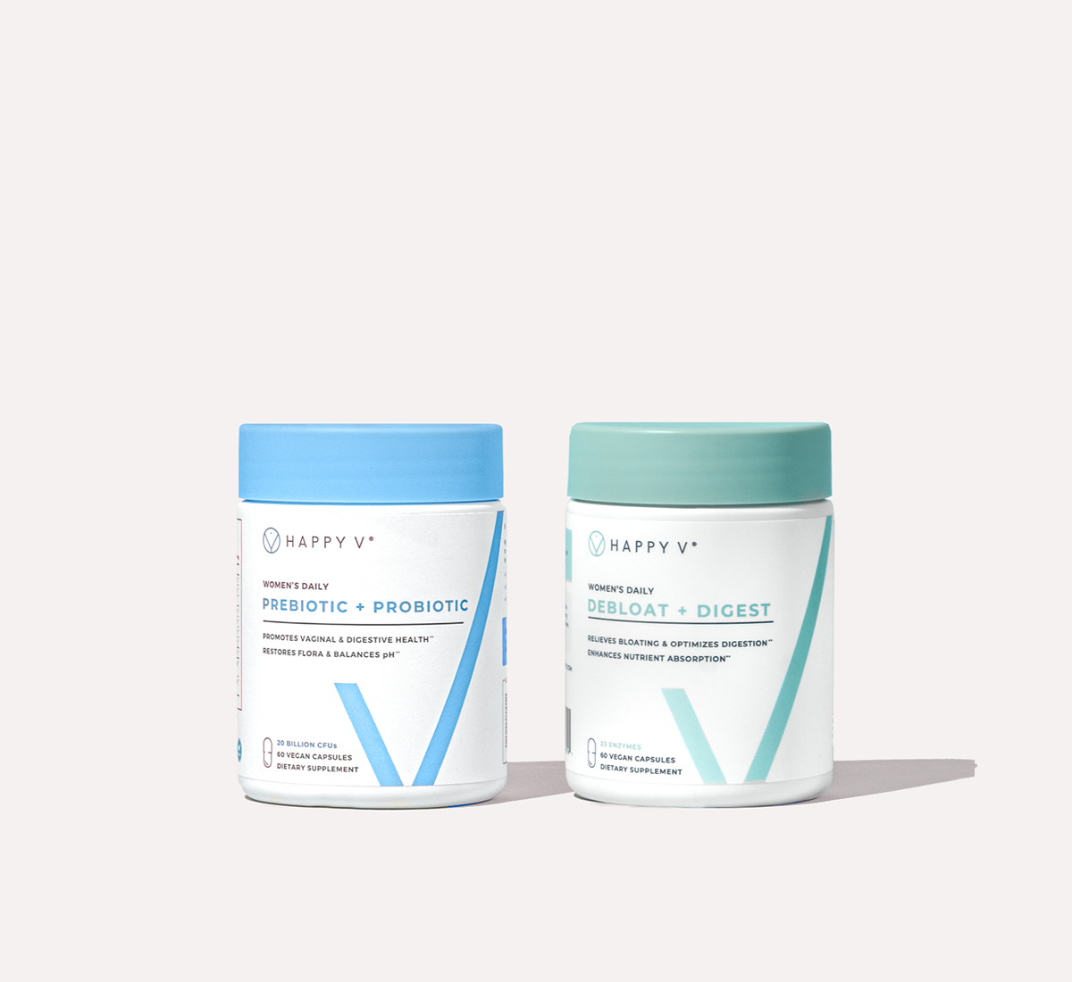 Happy V Prebiotic and Debloat bottles on light background, feminine wellness focus.