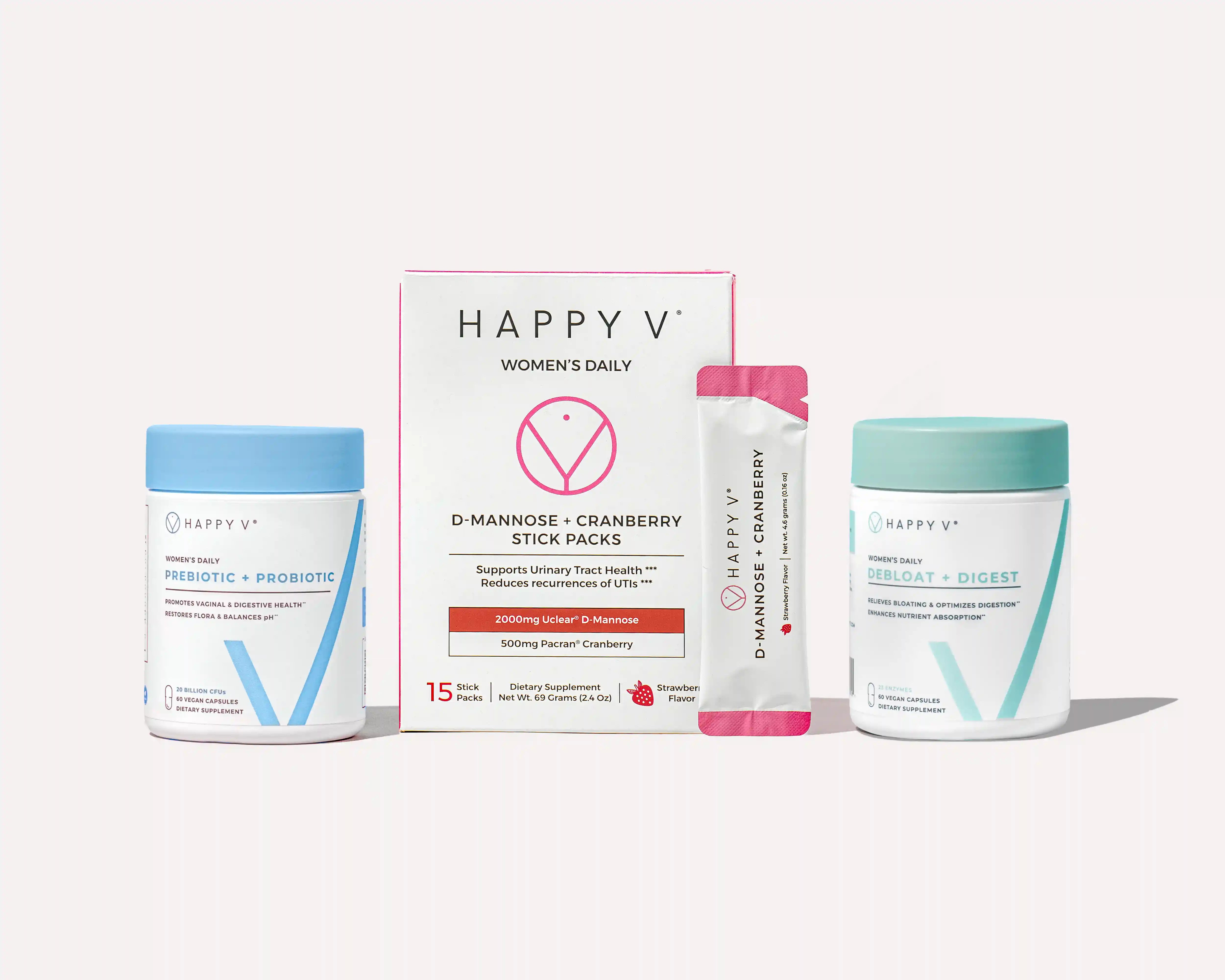 Happy V supplement collection displayed on a clean white background, highlighting feminine wellness.
