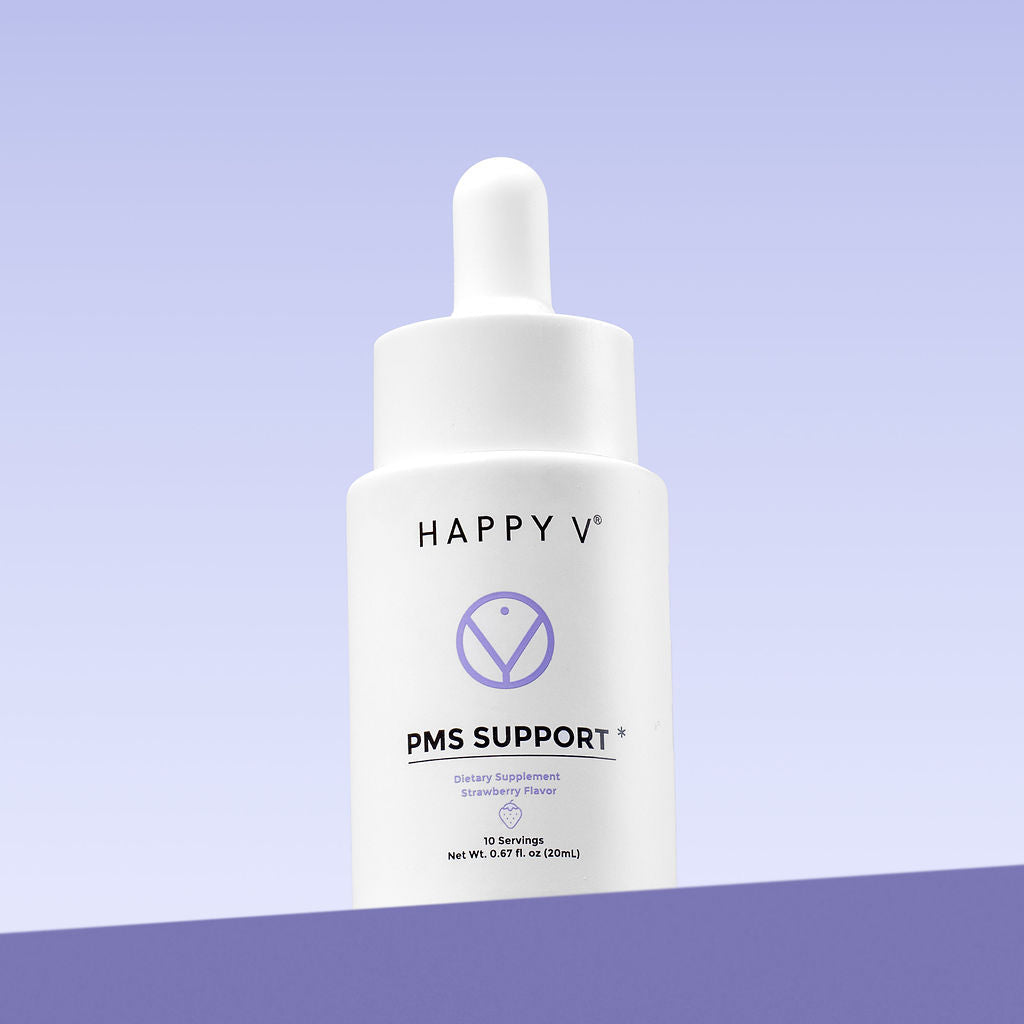 Happy V PMS Support supplement bottle with a dropper, designed for women's hormonal health.