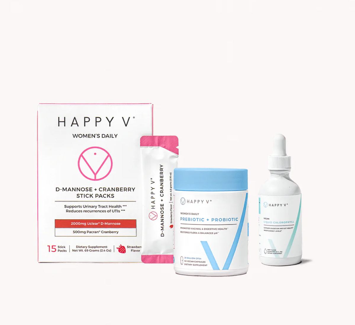 Happy V women's daily wellness supplements including D-Mannose, cranberry stick packs, and liquid drops.
