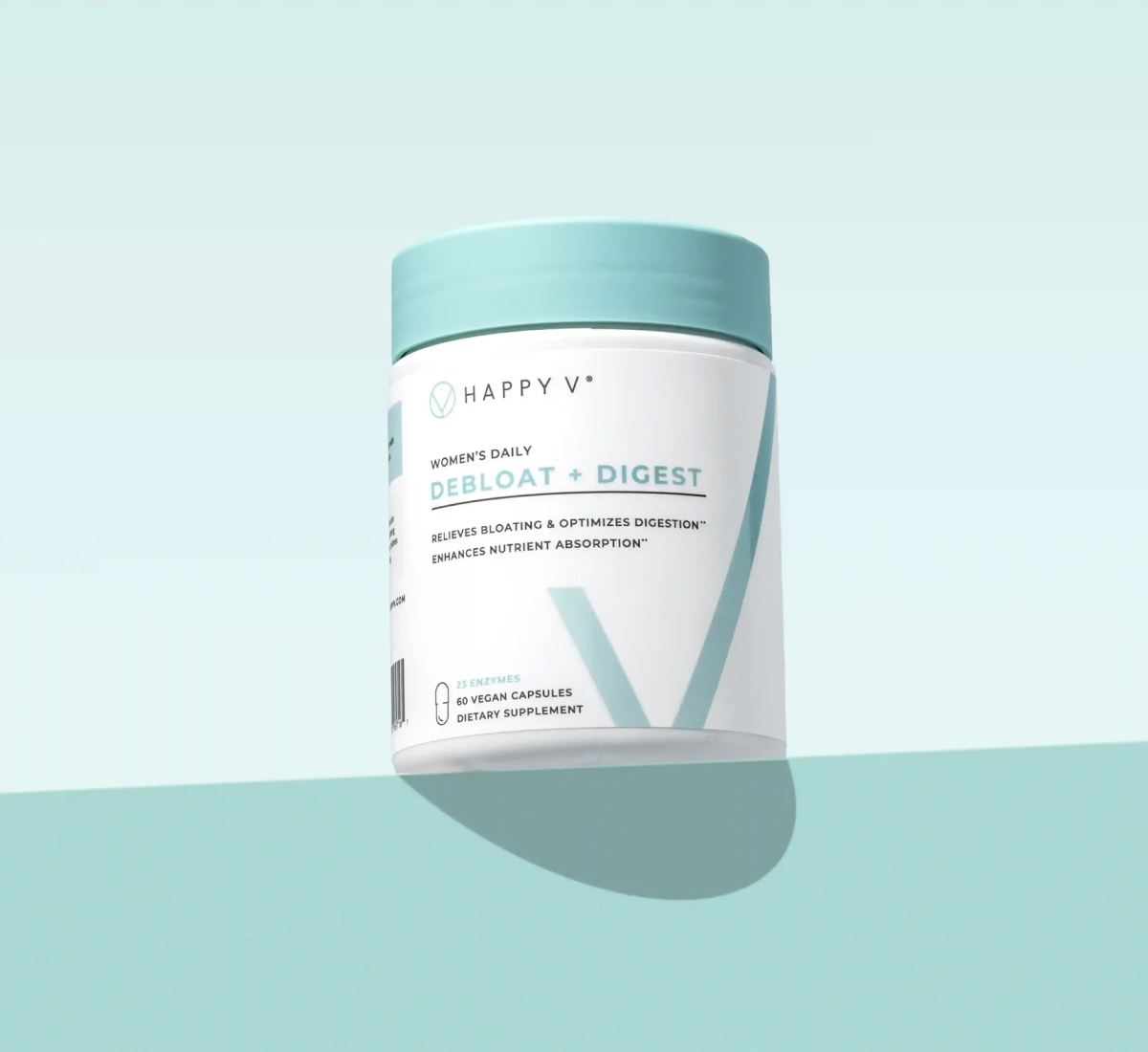 Happy V Debloat + Digest supplement jar with a white label and teal lid on a light background.