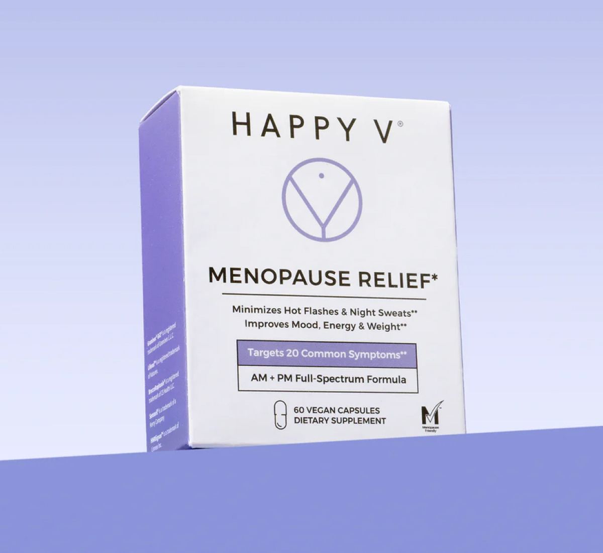 Happy V Menopause Relief supplement box with minimalist design and product details on a lavender background.