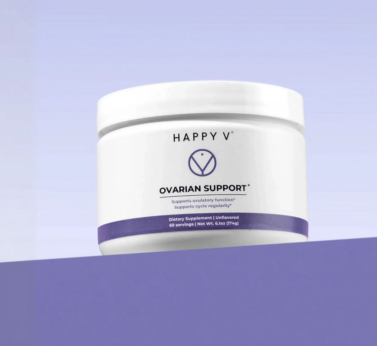 Ovarian Support supplement container from Happy V on a purple background, promoting women's health.