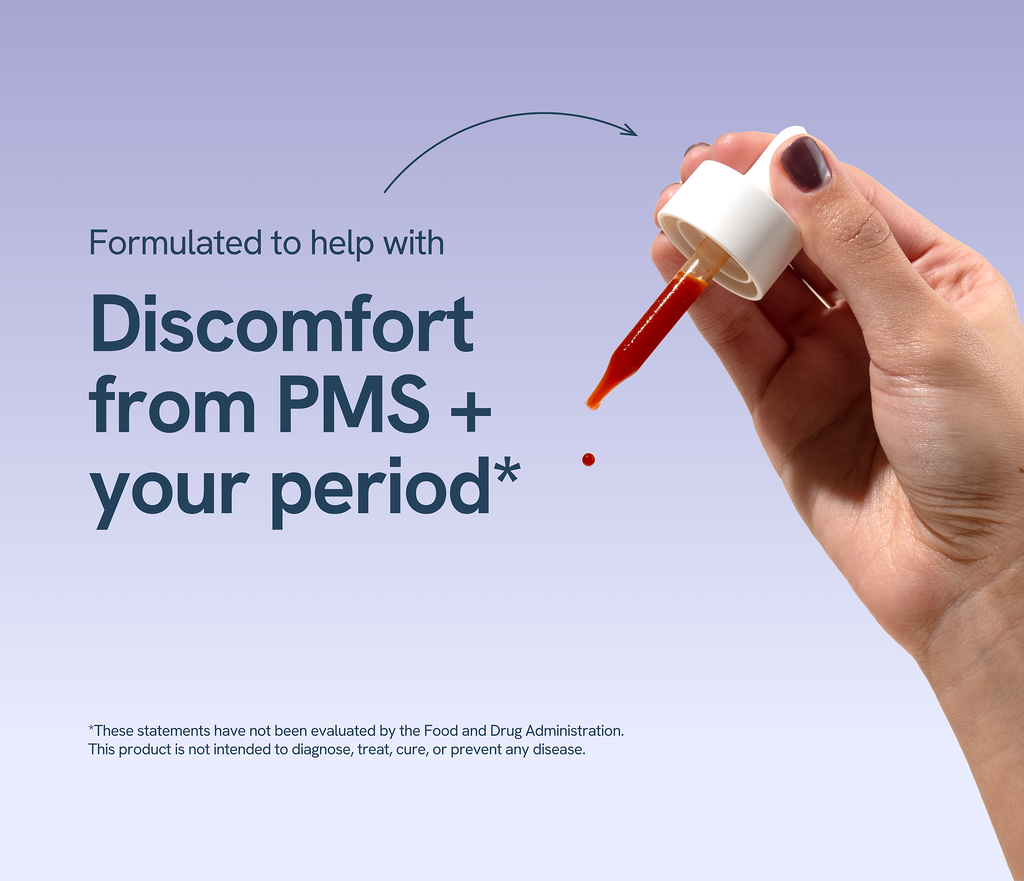 A hand holds a dropper dispensing liquid, promoting relief from PMS discomfort.