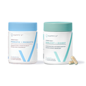 Happy V probiotic and debloat supplement bottles surrounded by scattered capsules.