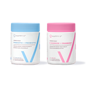 Happy V probiotic and D-mannose supplement bottles with clean white packaging on a transparent background.