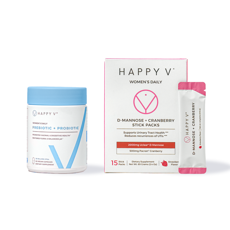 Happy V prebiotic and probiotic supplement jar with stick packs on a transparent background.