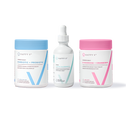 Happy V supplement bottles and dropper on a clean transparent background, promoting feminine wellness.