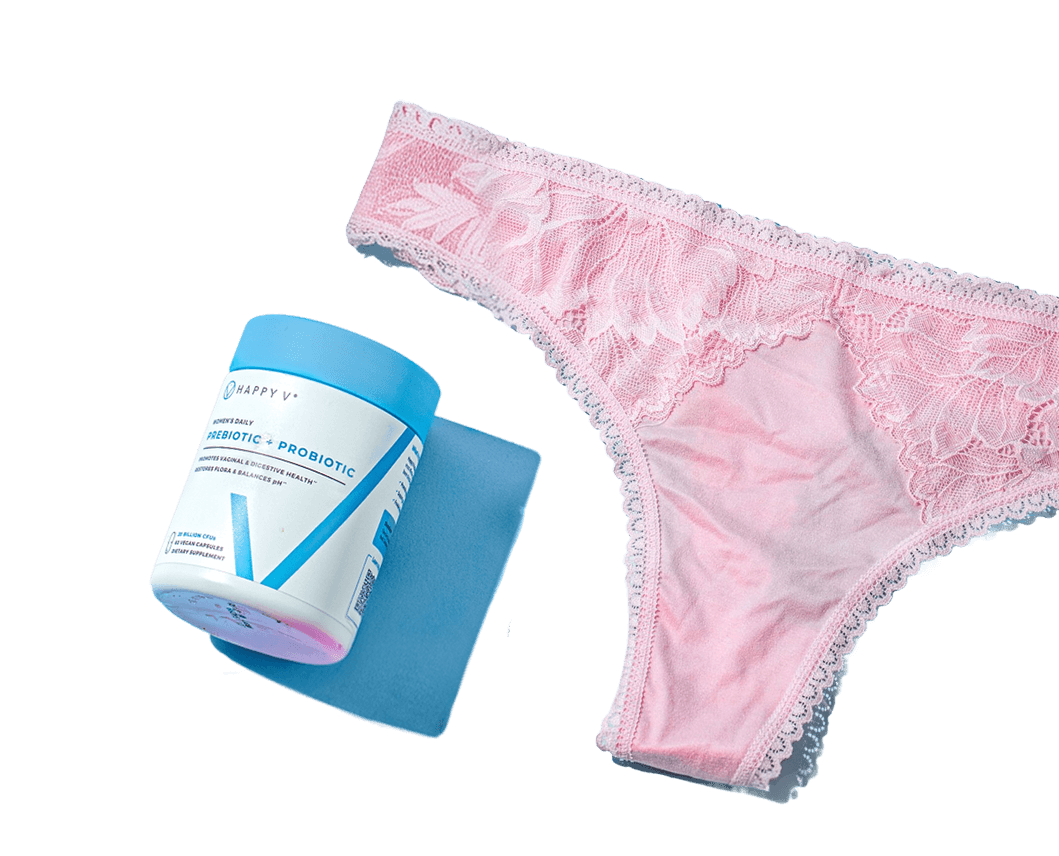 Pink lace thong underwear alongside Happy V probiotics packaging on a blue background.