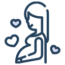 Line art illustration of a pregnant woman surrounded by hearts, representing women's wellness and health.
