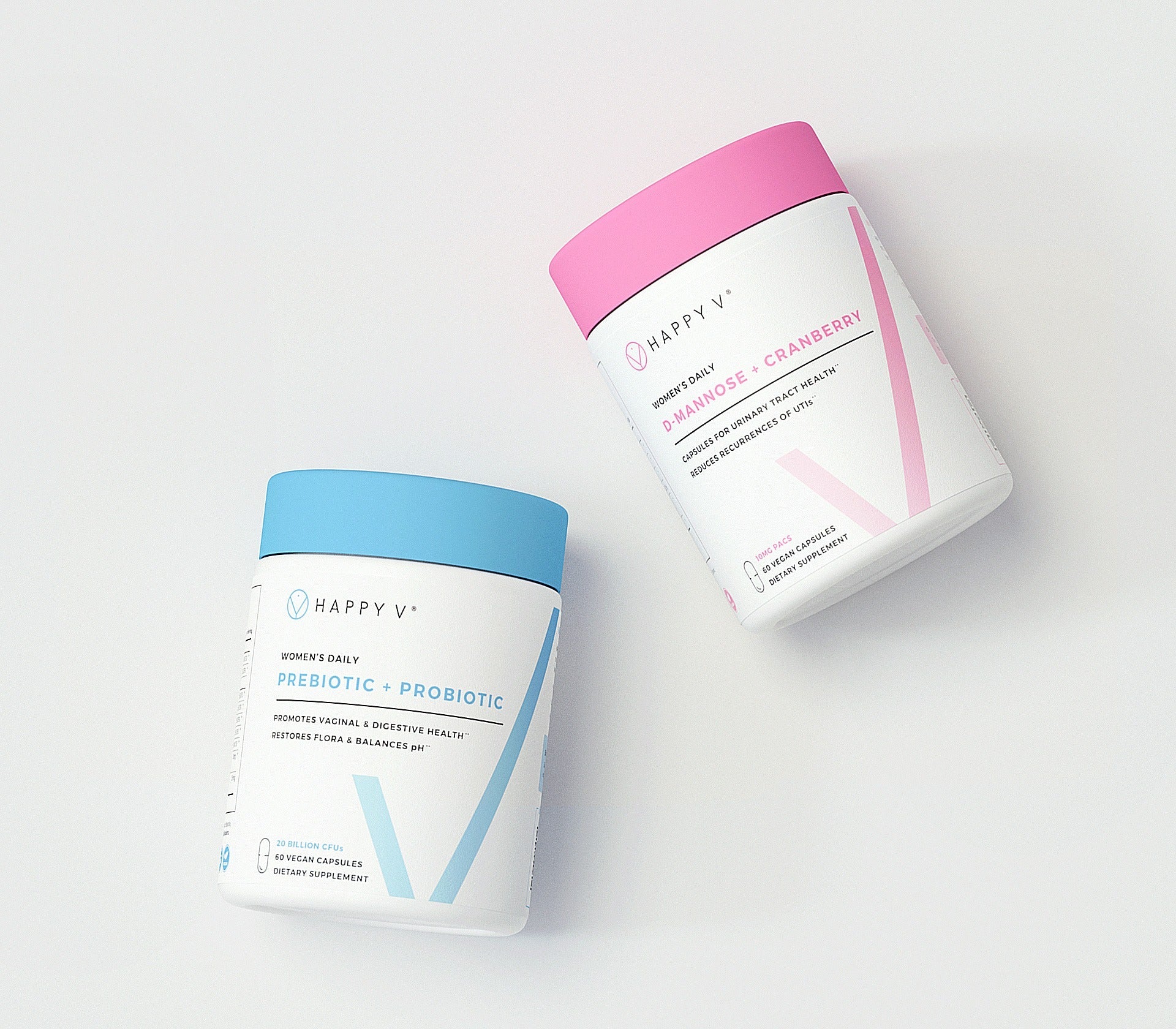 The Foundationals Kit consists of Happy V Prebiotic and Probiotic Supplements and D-mannose and Cranberry Supplements