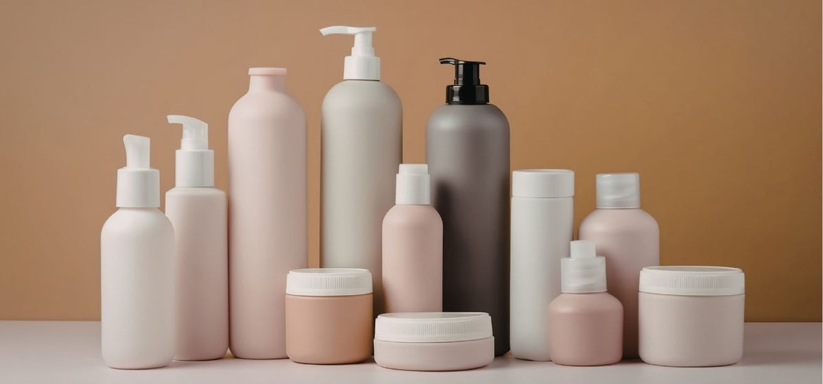 Collection of unlabeled skincare and personal care bottles and jars in neutral tones against a tan background.