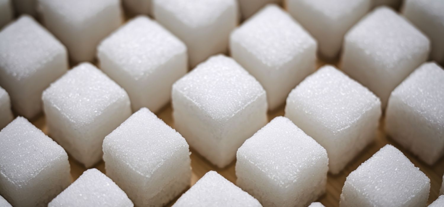 A close-up image of white sugar cubes neatly arranged on a wooden background, highlighting their textured, crystalline appearance.