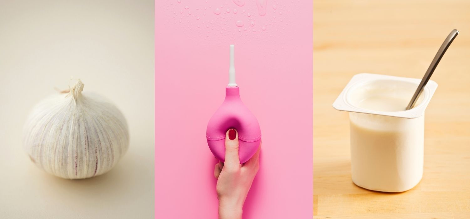 An image listing three of the most popular home remedies for BV - garlic, douching, and yogurt.