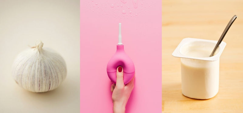 An image listing three of the most popular home remedies for BV - garlic, douching, and yogurt.