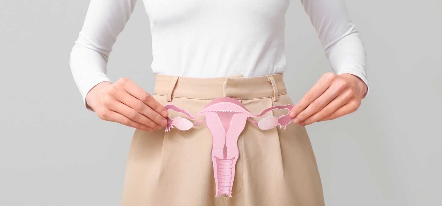 A close up of a woman, wearing office clothes, holding a cardboard cutout of the uterus and the Fallopian tubes.