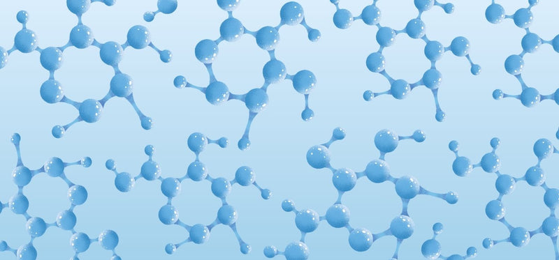 A 3D image of clusters of connected molecules on a light blue background.