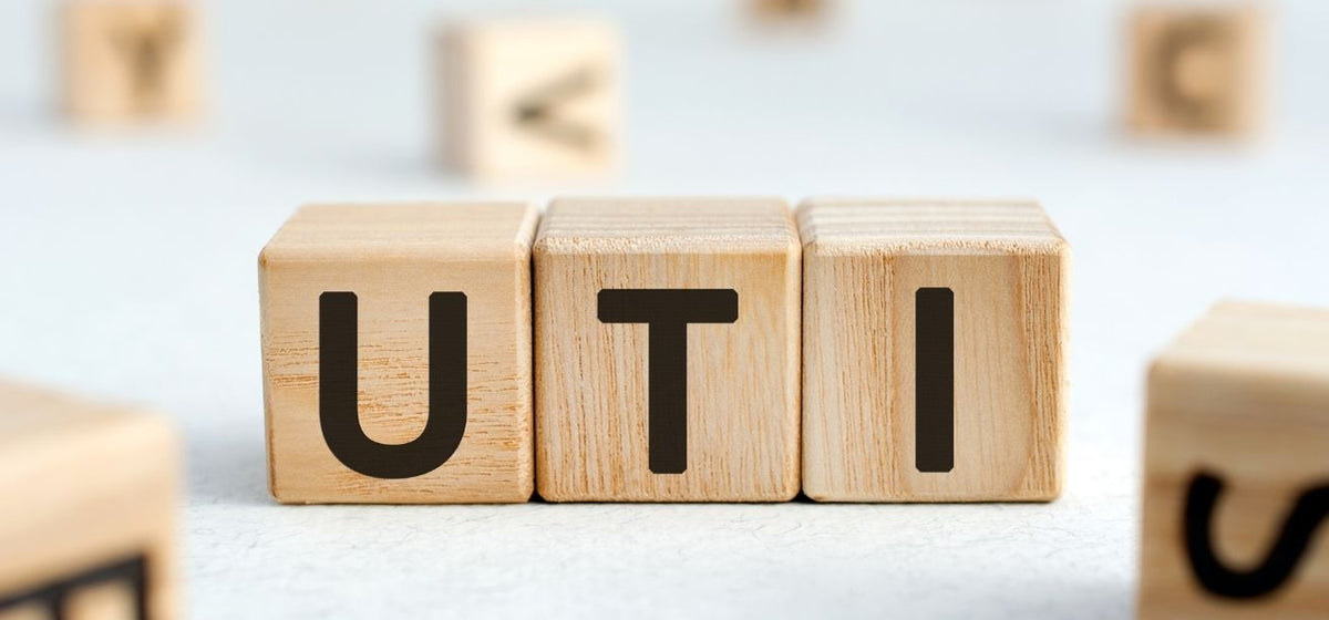 Wooden blocks spelling UTI on a white surface with scattered blocks in the background, illustrating urinary tract infections.