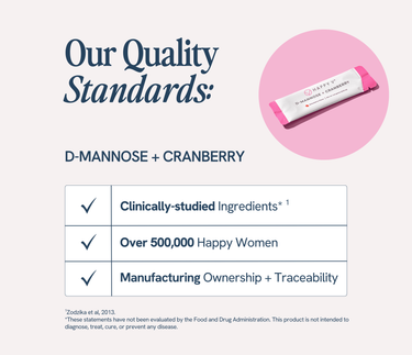 Happy V D-Mannose + Cranberry stick on a pink background with quality standards listed.