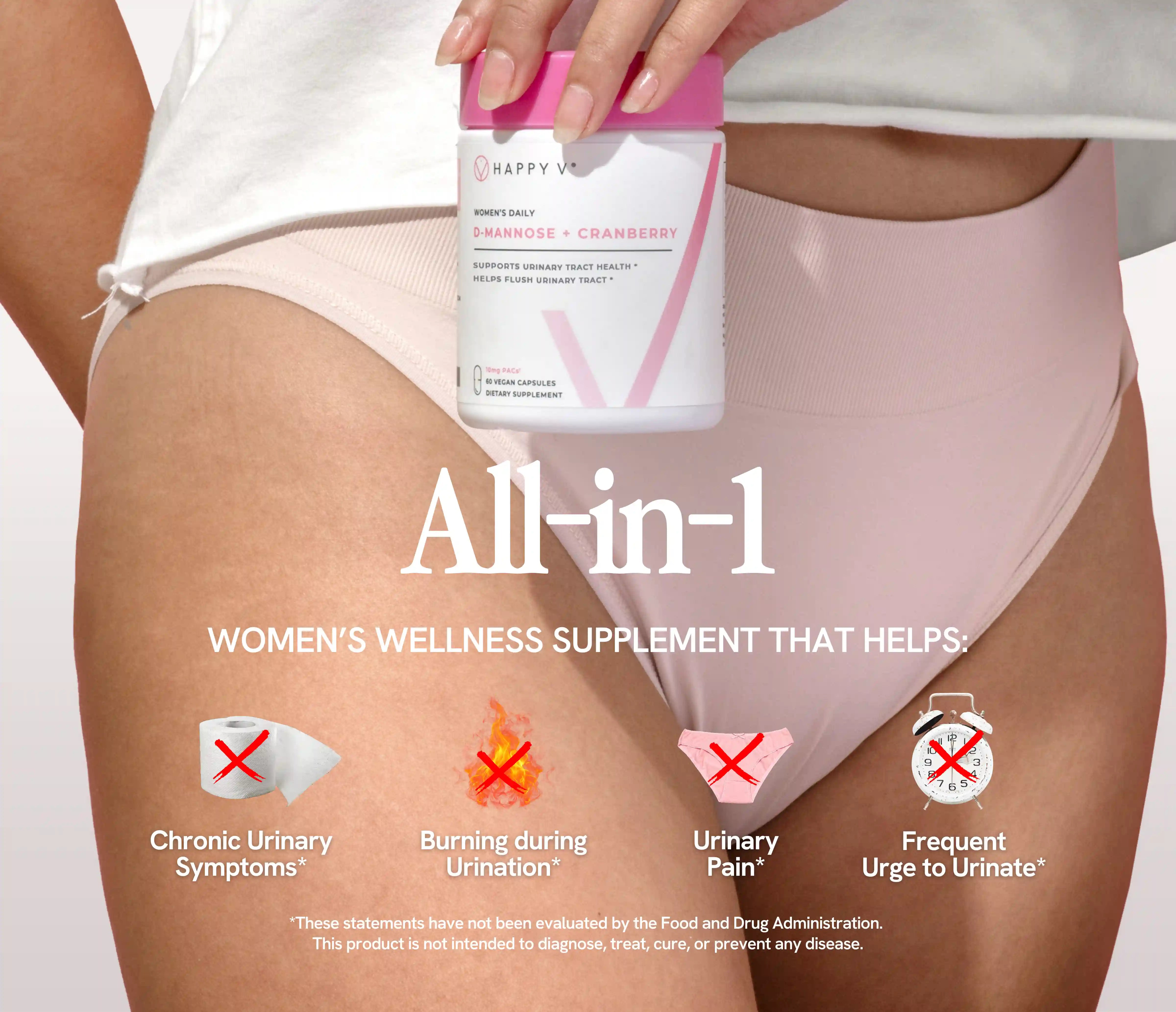 Happy V supplement bottle with text about women's wellness and urinary symptoms.