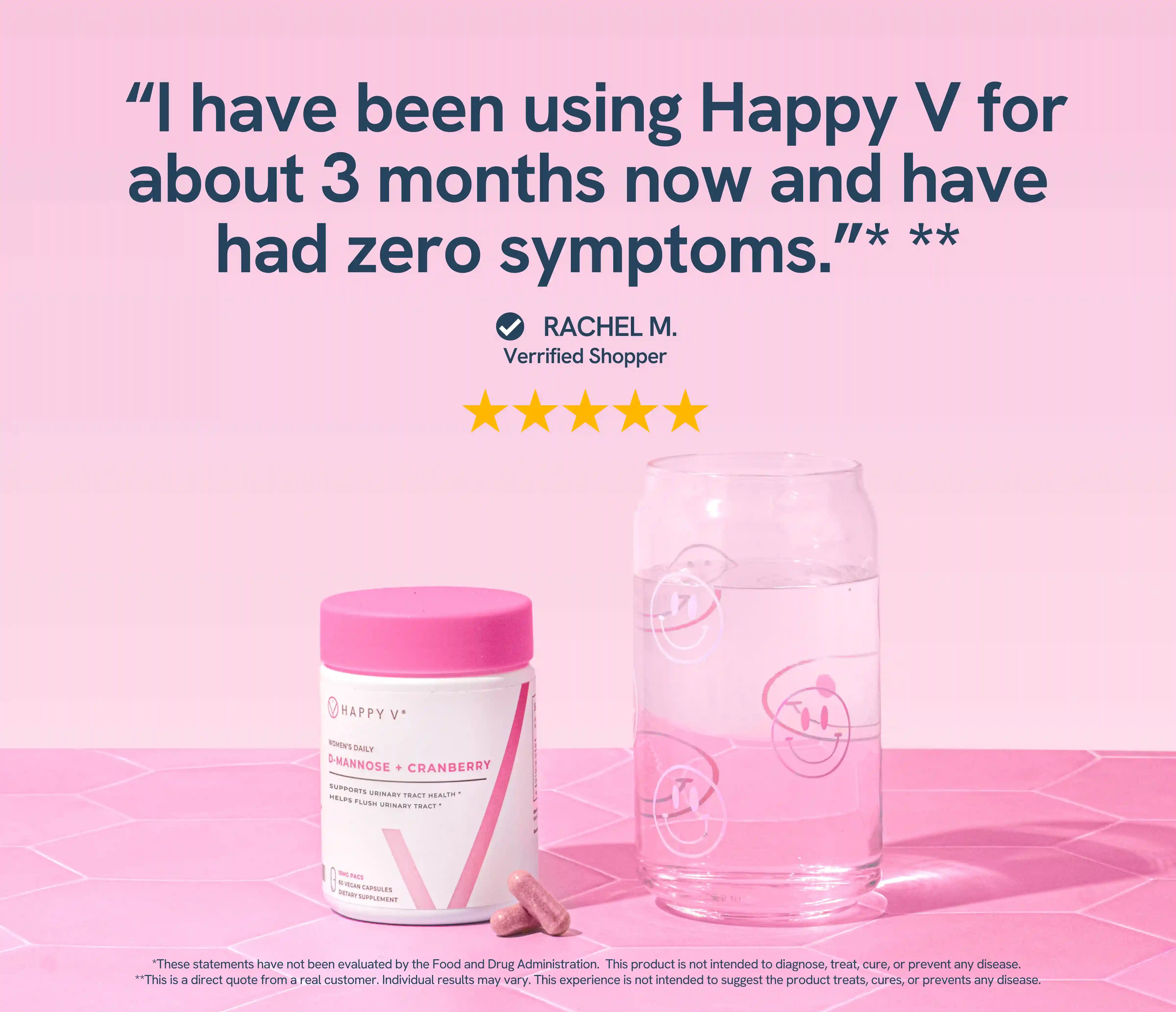 Container of Happy V supplement with a glass of water and a testimonial quote.