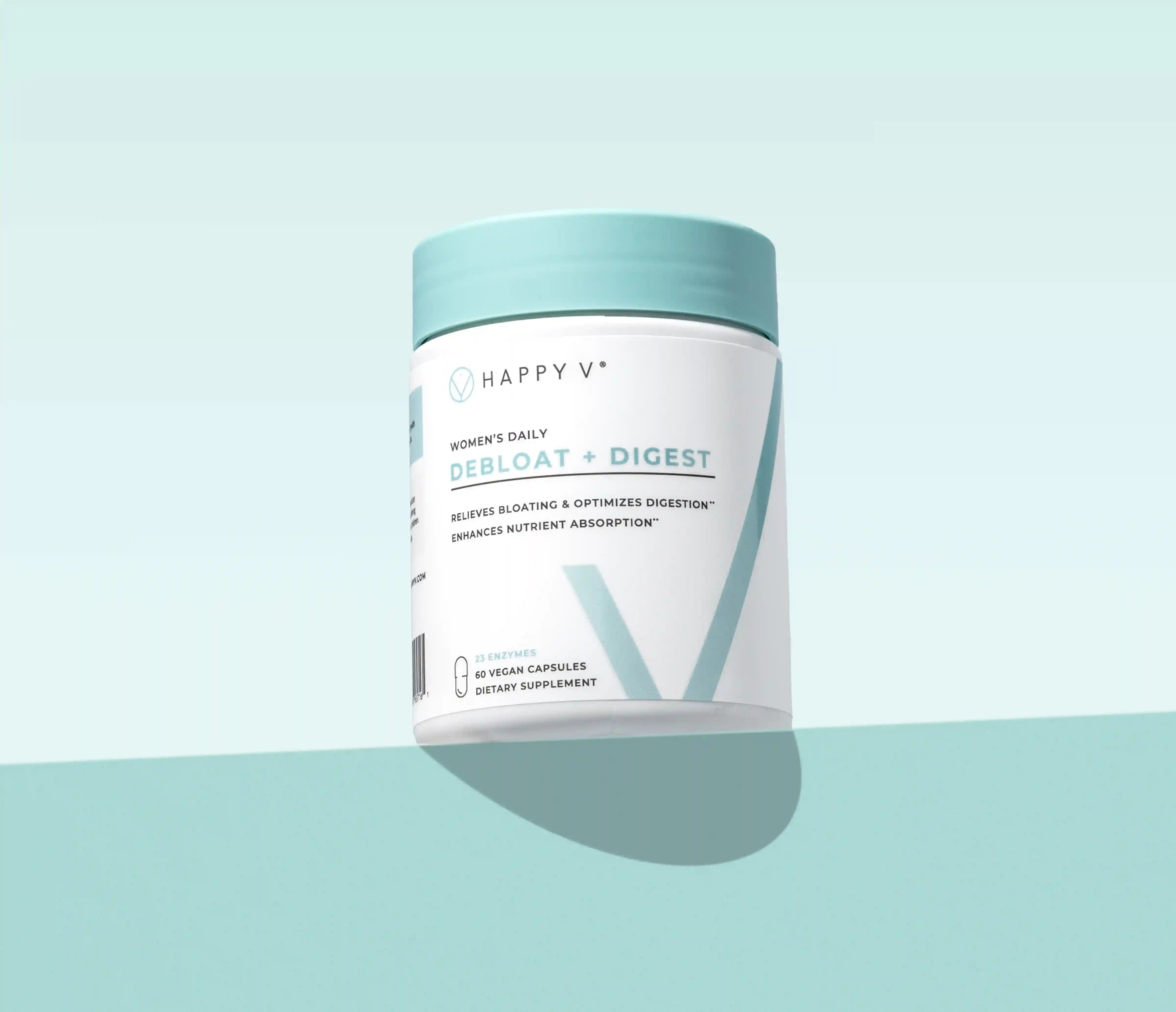 Container of Happy V women's daily supplement for digestion and bloating relief.