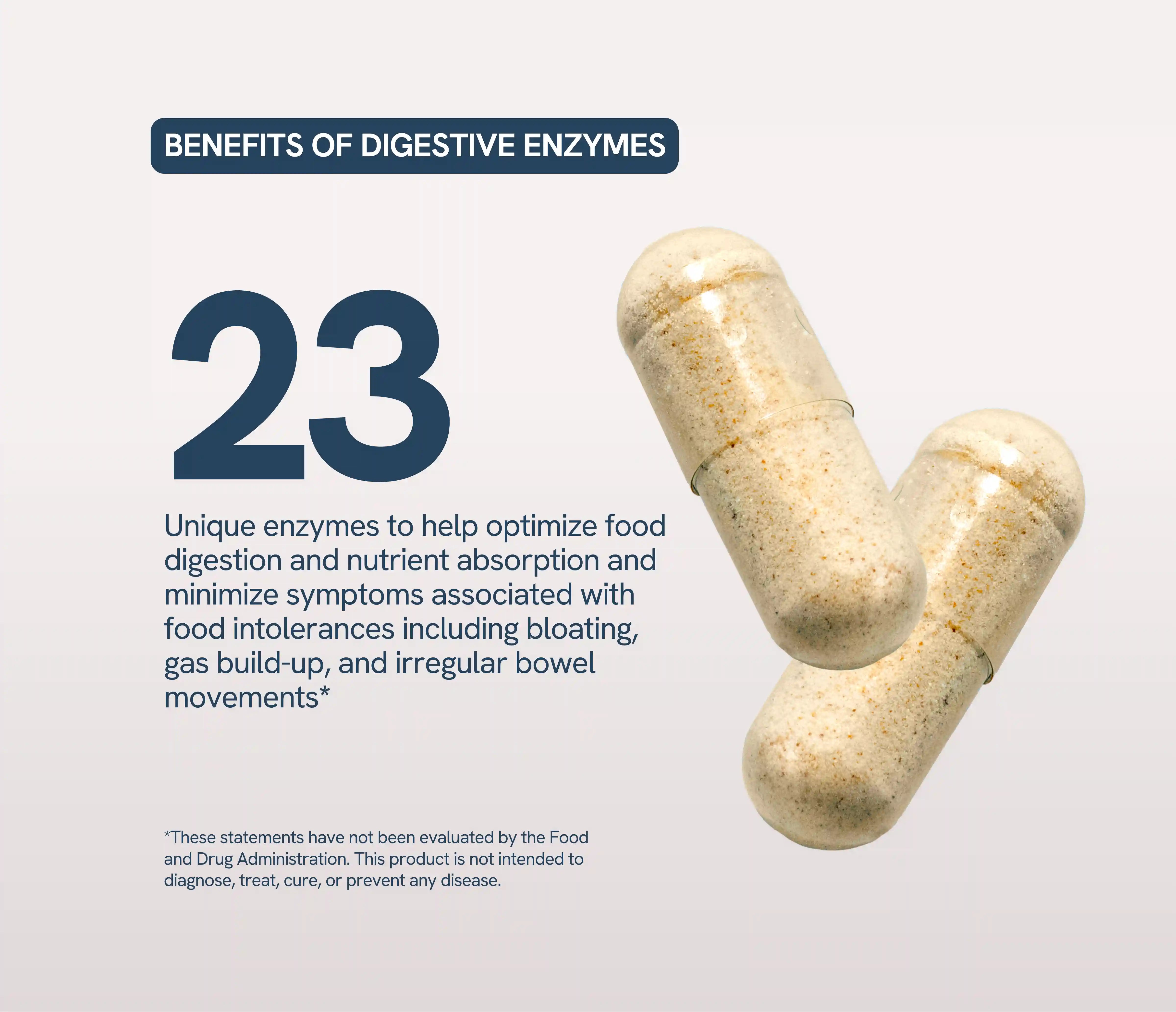 Two Happy V digestive enzyme capsules on a soft, neutral background.